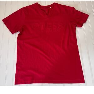 Guess V Neck Embossed Logo Red T Shirt Short Sleeve - Size Women's Medium